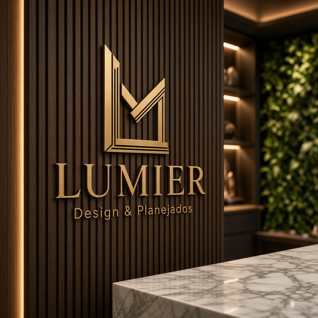 Showroom LUMIER: letreiro em latão sobre painel ripado de madeira, mármore e jardim vertical
